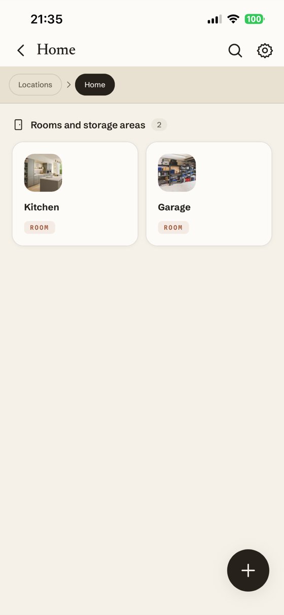 The Home location showing two photographed rooms, Kitchen and Garage.